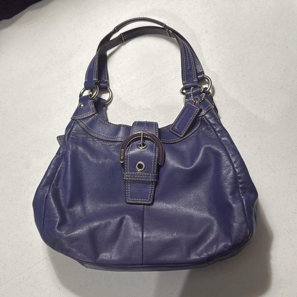 Coach Blue Genuine Leather Shoulder BagWith Silver Buckle and Magnetic buttons